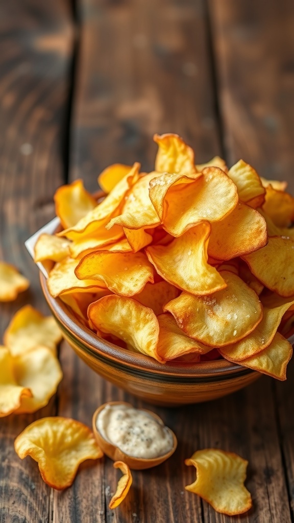 A bowl of crispy homemade potato chips with a sprinkle of salt on a wooden table.